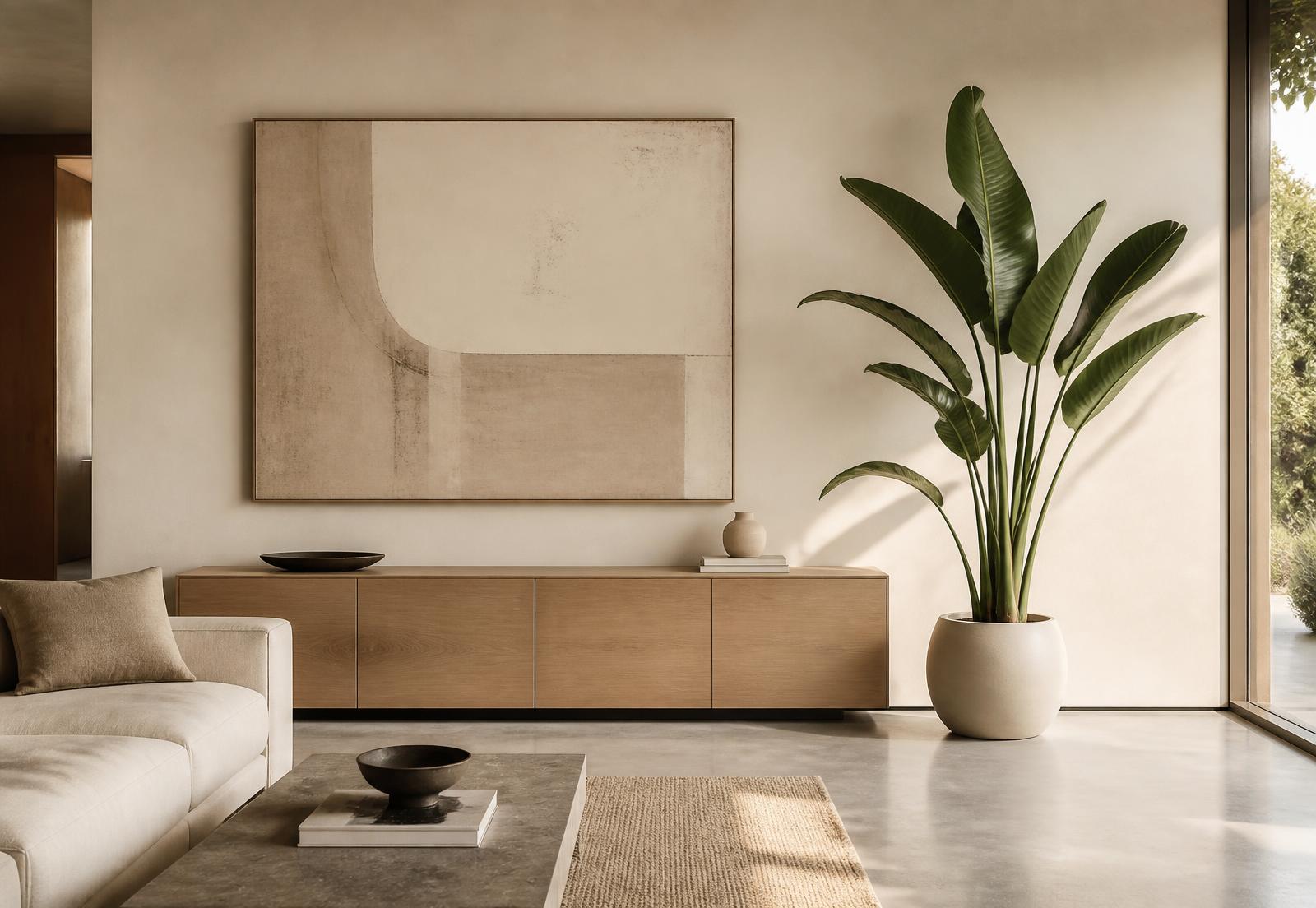 Ambiente contemporâneo com planta e móveis identificados pela Imagio